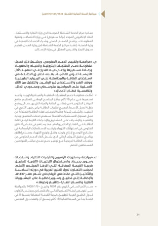 )‫(7102م‬ 1439/1438 ‫القادمة‬ ‫المالية‬ ‫السنة‬ ‫ميزانية‬
،‫واالســـتثمار‬ ‫التجارة‬ ‫وزارة‬ ‫لدى‬ ‫الموحـــدة‬ ‫الشـــاملة‬ ‫الخدمة‬ ‫مركز‬ ‫مبـــادرة‬
‫وتقنية‬ ‫االتصاالت‬ ‫وزارة‬ ‫فـــي‬ )‫ســـعودي‬ ‫(بوابة‬ ‫الموحد‬ ‫اإللكتروني‬ ‫النفاذ‬
‫في‬ ‫الصحية‬ ‫الخدمـــات‬ ‫وشـــراء‬ ‫الصحي‬ ‫الضمـــان‬ ‫برنامـــج‬ ،‫المعلومـــات‬
‫تنظيم‬ ،‫العـــدل‬ ‫وزارة‬ ‫لدى‬ ‫الشـــاملة‬ ‫الخدمة‬ ‫مراكـــز‬ ‫إنشـــاء‬ ،‫الصحـــة‬ ‫وزارة‬
.‫اإلســـكان‬ ‫وزارة‬ ‫في‬ ‫ل‬ ّ‫المعج‬ ‫والقـــرض‬ ‫االيجار‬ ‫ســـوق‬
‫	.ي‬‫تعديل‬ ‫ذلك‬ ‫ويشـــمل‬ ،‫الحكومي‬ ‫الدعـــم‬ ‫وتقييم‬ ‫«مراجعـــة‬
‫والكهربـــاء‬ ‫والميـــاه‬ ‫البتروليـــة‬ ‫المنتجـــات‬ ‫دعـــم‬ ‫منظومـــة‬
‫خالل‬ ‫التنفيـــذ‬ ‫فـــي‬ ‫التدرج‬ ‫فيـــه‬ ‫يراعـــى‬ ‫تســـعيرها‬ ‫وإعـــادة‬
‫في‬ ‫الكفـــاءة‬ ‫تحقيـــق‬ ‫بهـــدف‬ ،‫القادمـــة‬ ‫أعـــوام‬ ‫الخمســـة‬
‫الطبيعيـــة‬ ‫المـــوارد‬ ‫علـــى‬ ‫والمحافظـــة‬ ‫الطاقـــة‬ ‫اســـتخدام‬
‫اآلثار‬ ‫من‬ ‫والتقليل‬ ،‫الرشـــيد‬ ‫غير‬ ‫واالســـتخدام‬ ‫الهدر‬ ‫ووقف‬
،‫الدخل‬ ‫ومحـــدودي‬ ‫متوســـطي‬ ‫المواطنين‬ ‫علـــى‬ ‫الســـلبية‬
».‫األعمال‬ ‫قطـــاع‬ ‫وتنافســـية‬
»»‫وأعيـــد‬ ‫والكهربـــاء‬ ‫والميـــاه‬ ‫النفطيـــة‬ ‫المنتجـــات‬ ‫دعـــم‬ ‫منظومـــة‬ ‫لـــت‬ ّ‫د‬ ُ‫ع‬
‫منافع‬ ‫لتعظيـــم‬ ‫الوطنـــي‬ ‫البرنامـــج‬ ّ‫ـــر‬ ِ‫ق‬ُ‫وأ‬ .‫6102م‬ ‫عـــام‬ ‫فـــي‬ ‫تســـعيرها‬
‫وضع‬ ‫الى‬ ‫يهـــدف‬ ‫الذي‬ ‫والمياه‬ ‫الطاقة‬ ‫قطاعـــي‬ ‫من‬ ‫الحكوميـــة‬ ‫الحوافـــز‬
‫في‬ ‫التدرج‬ ‫فيهـــا‬ ‫يراعى‬ ‫الطاقـــة‬ ‫منتجات‬ ‫لجميـــع‬ ‫األســـعار‬ ‫تعديل‬ ‫خطـــة‬
‫من‬ ‫(مملوكة‬ ‫الطاقـــة‬ ‫كفاءة‬ ‫لخدمـــات‬ ‫وطنية‬ ‫شـــركة‬ ‫وأنشـــئت‬ .‫التنفيـــذ‬
‫وادارة‬ ‫التدقيـــق‬ ‫خدمات‬ ‫ســـتقدم‬ )‫العامـــة‬ ‫االســـتثمارات‬ ‫صندوق‬ ‫قبـــل‬
‫كفاءة‬ ‫لرفـــع‬ ‫الالزمة‬ ‫واإلجـــراءات‬ ‫المشـــاريع‬ ‫علـــى‬ ‫واإلشـــراف‬ ‫والتنفيـــذ‬
‫األنفاق‬ ‫خفـــض‬ ‫في‬ ‫يســـاهم‬ ‫مما‬ ،‫والعام‬ ‫الخاص‬ ‫القطـــاع‬ ‫فـــي‬ ‫الطاقـــة‬
‫في‬ ‫الرأسمالية‬ ‫االســـتثمارات‬ ‫وترشـــيد‬ ‫الكهرباء‬ ‫اســـتهالك‬ ‫في‬ ‫الحكومي‬
‫إطالق‬ ‫وســـيتم‬ .‫الكهرباء‬ ‫وتوزيع‬ ‫ونقـــل‬ ‫وتوليد‬ ‫إلنتاج‬ ‫التوســـع‬ ‫مشـــاريع‬
‫عن‬ ‫الحكومي‬ ‫الدعـــم‬ ‫الغاء‬ ‫يشـــمل‬ ‫الذي‬ ‫المالي‬ ‫التـــوازن‬ ‫تحقيق‬ ‫برنامـــج‬
‫للمواطنين‬ ‫مباشـــر‬ ‫نقـــدي‬ ‫دعـــم‬ ‫توفيـــر‬ ‫مـــع‬ ً‫تدريجيـــا‬ ‫الطاقـــة‬ ‫منتجـــات‬
.‫للدعم‬ ‫المســـتحقين‬
‫ك‬.	‫واستحداث‬ ،‫الحالية‬ ‫والغرامات‬ ‫الرسوم‬ ‫مستويات‬ ‫«مراجعة‬
‫لتطبيـــق‬ ‫الالزمـــة‬ ‫الترتيبـــات‬ ‫واســـتكمال‬ ،‫جديـــدة‬ ‫رســـوم‬
‫األعلـــى‬ ‫المجلـــس‬ ‫أقرهـــا‬ ‫التـــي‬ ‫المضافـــة‬ ‫القيمـــة‬ ‫ضريبـــة‬
‫السادســـة‬ ‫دورته‬ ‫في‬ ‫العربية‬ ‫الخليج‬ ‫لدول‬ ‫التعـــاون‬ ‫لمجلس‬
،‫7341ه‬ ‫صفـــر‬ ‫شـــهر‬ ‫في‬ ‫الرياض‬ ‫في‬ ‫عقدت‬ ‫التـــي‬ ‫والثالثيـــن‬
‫المشـــروبات‬ ‫على‬ ‫إضافيـــة‬ ‫رســـوم‬ ‫تطبيـــق‬ ‫إلـــى‬ ‫باإلضافـــة‬
».‫ونحوها‬ ‫كالتبـــغ‬ ‫الضـــارة‬ ‫والســـلع‬ ‫الغازية‬
»»‫بالموافقة‬ 1438/1/9 - ‫وتاريـــخ‬ 1691 ‫رقم‬ ‫الكريم‬ ‫الســـامي‬ ‫األمر‬ ‫صـــدر‬
‫التعاون‬ ‫بمجلـــس‬ ‫واالقتصـــادي‬ ‫‏المالـــي‬‫التعـــاون‬ ‫لجنـــة‬ ‫تفويـــض‬ ‫علـــى‬
‫في‬ 5 ‫بنســـبة‬ ‫المضافة‬ ‫القيمـــة‬ ‫ضريبة‬ ‫لتطبيـــق‬ ‫العربية‬ ‫الخليـــج‬ ‫لـــدول‬
‫المجلس‬ ‫دول‬ ‫وافقت‬ ‫أن‬ ‫وســـبق‬ ‫8102م‬ ‫المالية‬ ‫الســـنة‬ ‫من‬ ً‫بدءا‬ ‫المئـــة‬
34
 