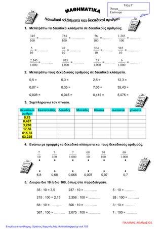 1. Μετατρέπω τα δεκαδικά κλάσματα σε δεκαδικούς αριθμούς.
100
345
= ………..
100
784
= …………
100
56
=………
100
283.1
= ……….
10
5
= ……….
10
47
= ……….
10
264
= ……...
10
585
= ……….
000.1
345.2
= ………..
000.1
935
= ……….
000.1
75
= ………
000.1
6
= ……….
2. Μετατρέπω τους δεκαδικούς αριθμούς σε δεκαδικά κλάσματα.
0,5 = 0,3 = 2,5 = 12,3 =
0,07 = 0,35 = 7,05 = 35,43 =
0,008 = 0,045 = 0,415 = 5,075 =
3. Συμπληρώνω τον πίνακα.
Δεκαδικοί
αριθμοί
Εκατοντάδες Δεκάδες Μονάδες δέκατα εκατοστά χιλιοστά
0,75
0,467
3,286
17,56
615,75
63,225
4. Ενώνω με γραμμές τα δεκαδικά κλάσματα και τους δεκαδικούς αριθμούς.
10
7
100
7
000.1
7
10
68
100
68
000.1
68
     
     
6,8 0,68 0,068 0,007 0,07 0,7
5. Διαιρώ δια 10 ή δια 100, όπως στα παραδείγματα.
35 : 10 = 3,5 237 : 10 = ………… 5 : 10 = ………
215 : 100 = 2,15 2.356 : 100 = ……….. 28 : 100 = ……….
68 : 10 = ………. 506 : 10 = ………… 3 : 10 = ………
367 : 100 = ………. 2.075 : 100 = ……….. 1 : 100 = ……….
Τάξη Γ΄
Όνομα___________________
Επώνυμο
ΠΑΛΑΝΗΣ ΑΘΑΝΑΣΙΟΣ
Επιμέλεια επανάληψης: Χρήστος Χαρμπής http://kritiria.blogspot.gr σελ.103
 