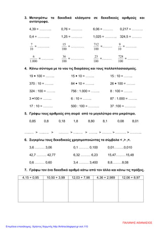 3. Μετατρέπω τα δεκαδικά κλάσματα σε δεκαδικούς αριθμούς και
αντίστροφα.
4,39 = ……….. 0,76 = ………. 6,06 = ……… 0,217 = ……….
0,4 = ……….. 1,25 = ………. 1,025 = ……….. 324,5 = ………
10
7
= ………..
100
15
= …………
100
712
=………
10
9
= ……….
000.1
6
= ………..
100
36
= …………
100
23
=………
100
728
= ……….
4. Κάνω σύντομα με το νου τις διαιρέσεις και τους πολλαπλασιασμούς.
19  100 = …….. 15  10 = …….. 15 : 10 = ……..
370 : 10 = …….. 84  10 = …….. 26  100 = ……..
324 : 100 = …….. 756 : 1.000 = …….. 8 : 100 = ……..
3 100 = …….. 6 : 10 = …….. 87 : 1.000 = ……..
17 : 10 = ……… 500 : 100 = ………. 37 :100 = ……….
5. Γράφω τους αριθμούς στη σειρά από το μεγαλύτερο στο μικρότερο.
0,85 0,8 0,18 1,8 8,80 8,1 0,08 8,01
…...… > …..…. > ……… > …..…. > …….. > ……… > ………. > ………..
6. Συγκρίνω τους δεκαδικούς χρησιμοποιώντας τα σύμβολα < ,> ,=.
3,6 ……… 3,06 0,1 ……… 0,100 0,01………0,010
42,7 ……… 42,77 6,32 ……… 6,23 15,47………15,48
0,6 ……… 0,60 3,4 ……… 3,400 8,8………8,08
7. Γράφω τον ένα δεκαδικό αριθμό κάτω από τον άλλο και κάνω τις πράξεις.
4,15 + 0,95 10,50 + 3,99 12,03 + 7,98 4,36 + 2,989 12,06 + 8,97
ΠΑΛΑΝΗΣ ΑΘΑΝΑΣΙΟΣ
Επιμέλεια επανάληψης: Χρήστος Χαρμπής http://kritiria.blogspot.gr σελ.110
 