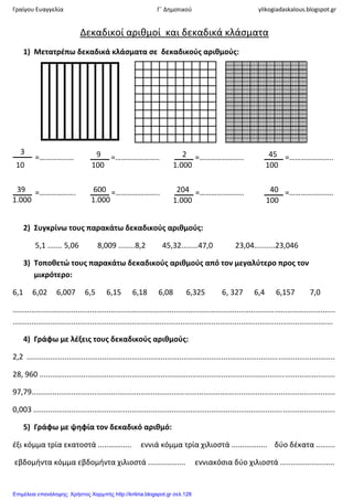 Γραίγου Ευαγγελία Γ΄ Δημοτικοφ ylikogiadaskalous.blogspot.gr
3
10
9
100
2
1.000
45
100
39
1.000
600
1.000
204
1.000
40
100
Δεκαδικοί αριθμοί και δεκαδικά κλάσματα
1) Μετατρζπω δεκαδικά κλάςματα ςε δεκαδικοφσ αριθμοφσ:
=……………… =………………….. =………………….. =…………………..
=………………. =………………….. =………………….. =…………………..
2) Συγκρίνω τουσ παρακάτω δεκαδικοφσ αριθμοφσ:
5,1 ....... 5,06 8,009 ........8,2 45,32........47,0 23,04..........23,046
3) Τοποθετϊ τουσ παρακάτω δεκαδικοφσ αριθμοφσ από τον μεγαλφτερο προσ τον
μικρότερο:
6,1 6,02 6,007 6,5 6,15 6,18 6,08 6,325 6, 327 6,4 6,157 7,0
..........................................................................................................................................................
.........................................................................................................................................................
4) Γράφω με λζξεισ τουσ δεκαδικοφσ αριθμοφσ:
2,2 ...................................................................................................................................................
28, 960 .............................................................................................................................................
97,79.................................................................................................................................................
0,003 ................................................................................................................................................
5) Γράφω με ψηφία τον δεκαδικό αριθμό:
ζξι κόμμα τρία εκατοστά ................ εννιά κόμμα τρία χιλιοστά ................. δφο δζκατα .........
εβδομήντα κόμμα εβδομήντα χιλιοστά .................. εννιακόσια δφο χιλιοστά ..........................
Επιμέλεια επανάληψης: Χρήστος Χαρμπής http://kritiria.blogspot.gr σελ.128
 