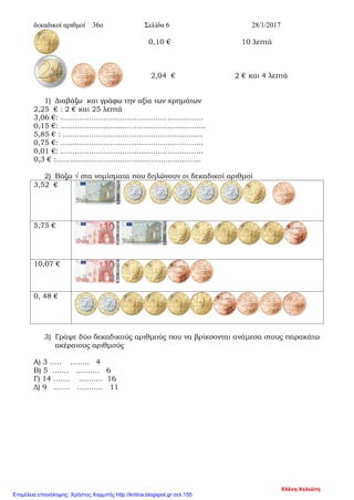 δεκαδικοί αριθμοί 36ο Σελίδα 6 28/1/2017
0,10 € 10 λεπτά
2,04 € 2 € και 4 λεπτά
1) Διαβάζω και γράφω την αξία των χρημάτων
2,25 € : 2 € και 25 λεπτά
3,06 €: ……………………………………………………
0,15 €: …………………………………………………….
5,85 € : ……………………………………………….....
0,75 €: ……………………………………………………
0,01 €: ……………………………………………………
0,3 € :…………………………………………………….
2) Βάζω √ στα νομίσματα που δηλώνουν οι δεκαδικοί αριθμοί
3,52 €
5,75 €
10,07 €
0, 48 €
3) Γράψε δύο δεκαδικούς αριθμούς που να βρίκσονται ανάμεσα στους παρακάτω
ακέραιους αριθμούς
Α) 3 ….. …….. 4
Β) 5 ……. ………. 6
Γ) 14 ……. ………. 16
Δ) 9 ……. ……….. 11
Ελένη Χελιώτη
Επιμέλεια επανάληψης: Χρήστος Χαρμπής http://kritiria.blogspot.gr σελ.155
 