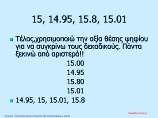 15, 14.95, 15.8, 15.01
 Τέλος,χρησιμοποιώ την αξία θέσης ψηφίου
για να συγκρίνω τους δεκαδικούς. Πάντα
ξεκινώ από αριστερά!!
15.00
14.95
15.80
15.01
 14.95, 15, 15.01, 15.8
Νικολάου Γιώτα
Επιμέλεια επανάληψης: Χρήστος Χαρμπής http://kritiria.blogspot.gr σελ.33
 