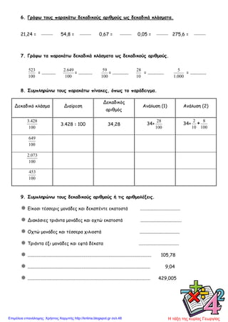 6. Γράφω τους παρακάτω δεκαδικούς αριθμούς ως δεκαδικά κλάσματα.
21,24 = 54,8 = 0,67 = 0,05 = 275,6 =
7. Γράφω τα παρακάτω δεκαδικά κλάσματα ως δεκαδικούς αριθμούς.
100
523
= ............
100
649.2
= ............
100
59
= ..............
10
28
= ..............
000.1
5
= ..............
8. Συμπληρώνω τους παρακάτω πίνακες, όπως το παράδειγμα.
Δεκαδικό κλάσμα Διαίρεση
Δεκαδικός
αριθμός
Ανάλυση (1) Ανάλυση (2)
100
428.3
3.428 : 100 34,28 34+
100
28
34+
10
2
+
100
8
100
649
100
073.2
100
453
9. Συμπληρώνω τους δεκαδικούς αριθμούς ή τις αριθμολέξεις.
 Είκοσι τέσσερις μονάδες και δεκαπέντε εκατοστά ...................................
 Διακόσιες τριάντα μονάδες και οχτώ εκατοστά ....................................
 Οχτώ μονάδες και τέσσερα χιλιοστά ...................................
 Τριάντα έξι μονάδες και εφτά δέκατα ...................................
 ............................................................................................................ 105,78
 ........................................................................................................... 9,04
 ........................................................................................................... 429,005
Η τάξη της κυρίας ΓεωργίαςΕπιμέλεια επανάληψης: Χρήστος Χαρμπής http://kritiria.blogspot.gr σελ.48
 