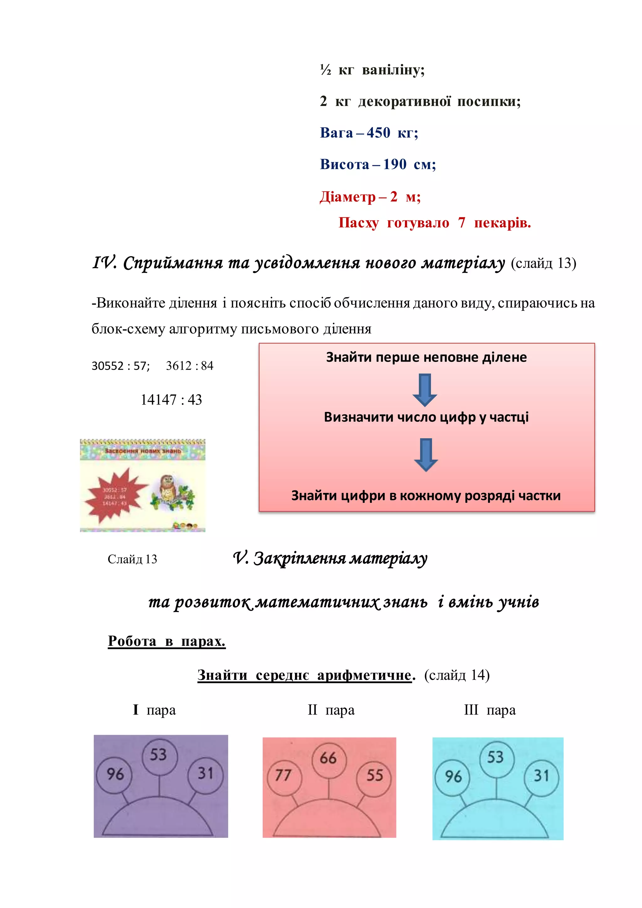 ½ кг ваніліну;
2 кг декоративної посипки;
Вага – 450 кг;
Висота – 190 см;
Діаметр – 2 м;
Пасху готувало 7 пекарів.
IV. Сприймання та усвідомлення нового матеріалу (слайд 13)
-Виконайте ділення і поясніть спосіб обчислення даного виду, спираючись на
блок-схему алгоритму письмового ділення
30552 : 57; 3612 : 84
14147 : 43
Слайд 13 V. Закріплення матеріалу
та розвиток математичних знань і вмінь учнів
Робота в парах.
Знайти середнє арифметичне. (слайд 14)
І пара ІІ пара ІІІ пара
Знайти перше неповне ділене
Визначити число цифр у частці
Знайти цифри в кожному розряді частки
 