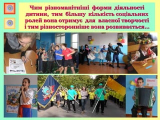 Чим різноманітніші форми діяльності
дитини, тим більшу кількість соціальних
ролей вона отримує для власної творчості
і тим різносторонніше вона розвивається…
 