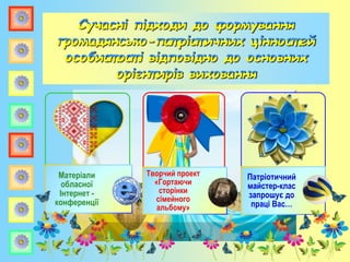 Матеріали
обласної
Інтернет -
конференції
Творчий проект
«Гортаючи
сторінки
сімейного
альбому»
Патріотичний
майстер-клас
запрошує до
праці Вас…
 