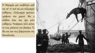 Η Μεραρχία μας κουβάλησε μαζί
της απ' το νησί και μια συζυγαρχία
γαϊδάρους. «Συζυγαρχία ημιόνων»
γράφεται στα χαρτιά. Μα η
αλήθεια είναι πως έχει μόνο
γαϊδάρους. Υποφέρανε πολύ ώσπου
να τους μπάσουνε στα βαπόρια. Το
ίδιο και σαν τους ξεφορτώνανε στη
Θεσσαλονίκη.
 