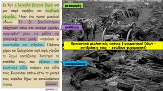 Σε λίγο η λαγκαδιά βόγγησε βαριά από
μια σειρά εκρήξεις και σουβλερές
σφυριξιές. Ήταν ένα σωστό μακελειό
αθώων. Τα ζα ξεκοιλιάστηκαν,
σφάχτηκαν πάνω στο τρυφερό χορτάρι,
αγκρισμένα* μέσα στο μεθύσι της
γεννητικής τους χαράς. Ψοφούσαν κι
ανεστέναζαν σαν ανθρώποι. Πέφτανε
χάμου και ξεψυχούσαν σιγά σιγά, γύριζαν
το λαιμό κοιτάζοντας λυπητερά τα
εντόσθιά τους, που σάλευαν σαν
κοκκινωπά φίδια ανάμεσα στα πόδια
τους. Κουνούσαν απάνω-κάτω τα χοντρά
τους κεφάλια δίχως να καταλαβαίνουν
τίποτα.
Φρικιαστικά ρεαλιστικές εικόνες (τραυματισμοί ζώων –
αντιδράσεις τους - επώδυνο ψυχομαχητό)
μεταφορές
παρομοιώσεις
αντίθεση
 