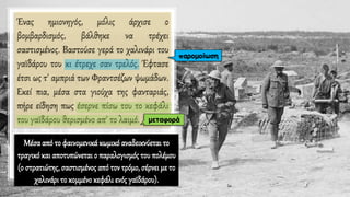 Ένας ημιονηγός, μόλις άρχισε ο
βομβαρδισμός, βάλθηκε να τρέχει
σαστισμένος. Βαστούσε γερά το χαλινάρι του
γαϊδάρου του κι έτρεχε σαν τρελός. Έφτασε
έτσι ως τ' αμπριά των Φραντσέζων ψωμάδων.
Εκεί πια, μέσα στα γιούχα της φανταριάς,
πήρε είδηση πως έσερνε πίσω του το κεφάλι
του γαϊδάρου θερισμένο απ' το λαιμό.
Μέσααπό το φαινομενικάκωμικόαναδεικνύεταιτο
τραγικό και αποτυπώνεται ο παραλογισμός του πολέμου
(ο στρατιώτης, σαστισμένος από τον τρόμο, σέρνει με το
χαλινάρι το κομμένο κεφάλι ενός γαϊδάρου).
παρομοίωση
μεταφορά
 