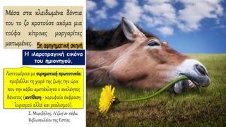 Μέσα στα κλειδωμένα δόντια
του το ζο κρατούσε ακόμα μια
τούφα κίτρινες μαργαρίτες
ματωμένες.
Σ. Μυριβήλης, Η ζωή εν τάφω,
Βιβλιοπωλείον της Εστίας
Η ιλαροτραγική εικόνα
του ημιονηγού.
Λεπτομέρεια με ευρηματικήπρωτοτυπία:
προβάλλει τη χαρά της ζωής την ώρα
που την κόβει αμετάκλητα ο ανελέητος
θάνατος (αντίθεση - κορυφαία έκφραση
λυρισμού αλλά και ρεαλισμού).
 