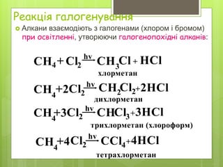 Реакція галогенування
 Алкани взаємодіють з галогенами (хлором і бромом)
при освітленні, утворюючи галогенопохідні алканів:
 