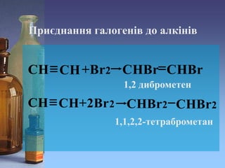 Приєднання галогенів до алкінів
1,2 диброметен
1,1,2,2-тетраброметан
 