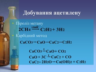 Добування ацетилену
• Піроліз метану
• Карбідний метод
 