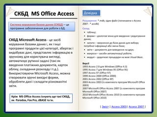 Система керування базою даних (СКБД) – це
програмне забезпечення для роботи з БД.
ДовідкаСКБД MS Office Access
| Зміст | Access 2003| Access 2007 |
СКБД Microsoft Access - це засіб
керування базами даних і, як і інші
програмні продукти цієї категорії, зберігає і
видобуває дані, представляє інформацію в
зручному для користувача вигляді,
автоматизує рутинні задачі (такі як
введення платіжних документів, карток
обліку, складання розкладу і т.д.).
Використовуючи Microsoft Access, можна
створювати зручні вихідні форми,
обробляти дані і складати різноманітні
звіти.
Розширення: *.mdb, один файл (починаючи з Access
2007 - *.accdb)
Склад:
• таблиці;
• форми – діалогові вікна для введення і редагування
даних;
• запити – звернення до бази даних для вибору
потрібної інформації або зміни бази;
• звіти – документи для виведення на друк;
• макроси – засоби автоматизації роботи;
• модулі – додаткові процедури на мові Visual Basic.
Версії
1993 Access 2.0 для Windows (Office 4.3)
1995 Access 7 для Windows 95 (Office 95)
1997 Access 97 (Office 97)
1999 Access 2000 (Office 2000)
2001 Access 2002 (Office XP)
2003 Access 2003 (із комплекта програм Microsoft Office
2003)
2007 Microsoft Office Access 2007 (із комплекта програм
Microsoft Office 2007)
2010 Microsoft Office Access 2010 (із комплекта програм
Microsoft Office 2010)Крім MS Office Access існують ще такі СКБД,
як Paradox, Fox Pro, dBASE та ін.
 