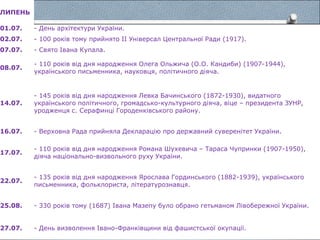 ЛИПЕНЬ
01.07. - День архітектури України.
02.07. - 100 років тому прийнято ІІ Універсал Центральної Ради (1917).
07.07. - Свято Івана Купала.
08.07.
- 110 років від дня народження Олега Ольжича (О.О. Кандиби) (1907-1944),
українського письменника, науковця, політичного діяча.
14.07.
- 145 років від дня народження Левка Бачинського (1872-1930), видатного
українського політичного, громадсько-культурного діяча, віце – президента ЗУНР,
уродженця с. Серафинці Городенківського району.
16.07. - Верховна Рада прийняла Декларацію про державний суверенітет України.
17.07.
- 110 років від дня народження Романа Шухевича – Тараса Чупринки (1907-1950),
діяча національно-визвольного руху України.
22.07.
- 135 років від дня народження Ярослава Гординського (1882-1939), українського
письменника, фольклориста, літературознавця.
25.08. - 330 років тому (1687) Івана Мазепу було обрано гетьманом Лівобережної України.
27.07. - День визволення Івано-Франківщини від фашистської окупації.
 