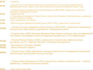 СІЧЕНЬ
01.01. - Новий рік
02.01.
- 50 років тому на базі філіалу Львівського політехнічного інституту був створений Івано-
Франківський інститут нафти і газу, нині Національний технічний університет нафти і газу.
- 125 років від дня народження Ярослава Пастернака (1892-1969), українського археолога,
дослідника стародавнього Галича.
07.01. - Різдво Христове
- 75 років від дня народження Тараса Салиги, українського критика, літературознавця, уродженця с.
Вікторів Галицького району.
12.01. - День українського політв’язня.
14.01. - 80 років від дня народження Євгена Гуцула (1937-1995), українського письменника.
15.01.
- 135 років від дня народження Івана Огієнка (1882-1972), українського мовознавця,
письменника, перекладача, державного і громадського діяча.
- 25 років тому (1992) Президія Верховної Ради України ухвалила указ про Державний
гімн України (затверджено музичну редакцію автором якої є М.М. Вербицький).
17.01.
- 75 років Роману Гораку (1942), українському письменнику, франкознавцю,
досліднику життя і творчості багатьох літераторів Прикарпаття.
19.01. - Богоявлення Господнє. Йордан.
22.01. - День Соборності України.
28.01.
- 25 років тому (1992) Державним прапором України було затверджено Український
національний прапор жовто-синього кольору.
- 70 років Калині Ватаманюк (1947), журналістці, автора популярних книг – нарисів,
уродженці с. Кобаки Косівського району.
29.01. - День пам’яті героїв Крут.
 