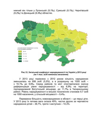 нижчий він тільки у Луганській (9,1‰), Сумській (9,1‰), Чернігівській
(9,2‰) та Донецькій (9,4‰) областях.
Рис.12. Загальний коефіцієнт народжуваності по Україні у 2013 році
(на 1 тис. осіб наявного населення)
У 2013 році порівняно з 2012 роком кількість народжених
зменшилась на 698 осіб (5,5%), а в розрахунку на 1000 осіб –
з 10,1‰ до 9,6‰. Серед районів та міст спостерігалася значна
диференціація рівня народжуваності – від 6,9‰ на території,
підпорядкованій Ватутінській міськраді, до 11,7‰ в Чигиринському
районі. Рівень народжуваності в міських поселеннях становив 9,7 осіб
на 1000 населення, у сільській місцевості – 9,4‰.
Переважна більшість новонароджених в області – це перші діти.
У 2013 році їх питома вага склала 49%, частка других за черговістю
народження дітей – 36,7%, третіх і наступних – 14,3%.
 