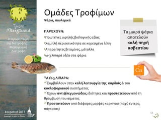 ΠΑΡΈΧΟΥΝ:
•Πρωτεΐνες υψηλής βιολογικής αξίας
•Χαμηλή περιεκτικότητα σε κορεσμένα λίπη
•Απαραίτητες βιταμίνες, μέταλλα
•ω-3 λιπαρά οξέα στα ψάρια
ΤΑ Ω-3 ΛΙΠΑΡΑ:
Συμβάλλουν στην καλή λειτουργία της καρδιάς & του
κυκλοφοριακού συστήματος
Έχουν αντιφλεγμονώδεις ιδιότητες και προστατεύουν από τη
θρόμβωση του αίματος
Προστατεύουν από διάφορες μορφές καρκίνου (παχύ έντερο,
πάγκρεας)
Η Χρυσή Τομή
της διατροφής…
Μεσογειακή
Διατροφή
Ψάρια, πουλερικά
Ομάδες Τροφίμων
Τα μικρά ψάρια
αποτελούν
καλή πηγή
ασβεστίου
11
 