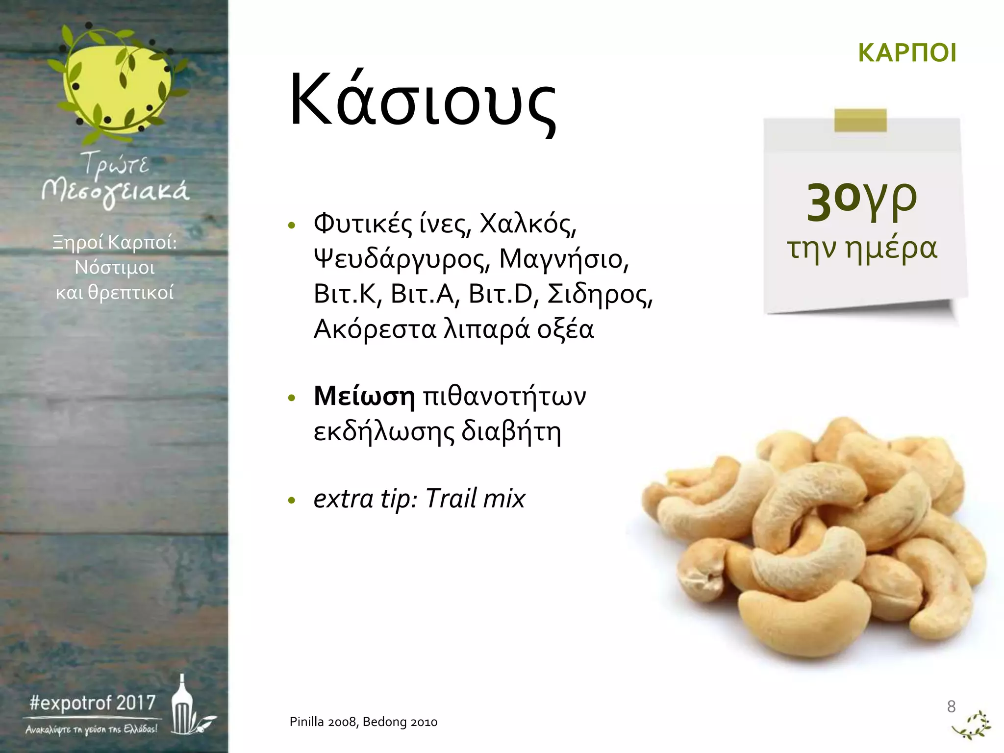 • Φυτικές ίνες, Χαλκός,
Ψευδάργυρος, Μαγνήσιο,
Βιτ.Κ, Βιτ.Α, Βιτ.D, Σιδηρος,
Ακόρεστα λιπαρά οξέα
• Μείωση πιθανοτήτων
εκδήλωσης διαβήτη
• extra tip: Trail mix
Pinilla 2008, Bedong 2010
8
KAΡΠΟΙ
Κάσιους
Ξηροί Καρποί:
Νόστιμοι
και θρεπτικοί
30γρ
την ημέρα
 