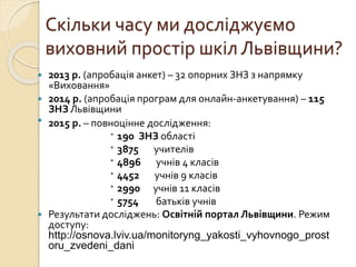 Скільки часу ми досліджуємо
виховний простір шкіл Львівщини?
 2013 р. (апробація анкет) – 32 опорних ЗНЗ з напрямку
«Виховання»
 2014 р. (апробація програм для онлайн-анкетування) – 115
ЗНЗ Львівщини
 2015 р. – повноцінне дослідження:
 190 ЗНЗ області
 3875 учителів
 4896 учнів 4 класів
 4452 учнів 9 класів
 2990 учнів 11 класів
 5754 батьків учнів
 Результати досліджень: Освітній портал Львівщини. Режим
доступу:
http://osnova.lviv.ua/monitoryng_yakosti_vyhovnogo_prost
oru_zvedeni_dani
 