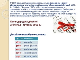 У 2015 році дослідження проводилось на виконання наказу
Департаменту освіти і науки Львівської облдержадміністрації №07-
01/249 від 24 липня 2015р. «Про організацію виховання у
загальноосвітніх та позашкільних навчальних закладах Львівщини у
2015-2016 навчальному році» та з метою реалізації заходів на
виконання “Програми розвитку освіти Львівщини на 2013-2016рр.” та
відповідних наказів місцевих управлінь освітою.
Календар дослідження:
листопад - грудень 2015 р.
Дослідженням було охоплено:
190 ЗНЗ області
3875 учителів
4896 учнів 4 класів
4452 учнів 9 класів
2990 учнів 11 класів
5754 батьків учнів
 