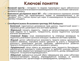 Ключові поняття
 Виховний простір – погоджені та свідомо підтримувані задля забезпечення
очікуваних результатів виховання взаємовідносини між учасниками навчально-
виховного процесу.
 Комплексне дослідження якості ВП – збір і співставлення отриманих різними
методами даних, що характеризують норми та взаємовідносини, у які
“занурені” учні, з метою оцінки цих норм та взаємовідносин на відповідність
певному стандарту.
 Стандартні вимоги до виховного простору ЗНЗ Львівщини:
◦ Безпечний: гарантуються дотримання прав дитини, педагогічний захист і
підтримка дітей у розв’язанні їхніх життєвих проблем.
◦ Моральний: панують людяність, повага до загальнолюдських цінностей,
прав людини та її гідності, толерантність, висока педагогічна культура
вчителів і вихователів.
◦ Сповнений довіри: існує взаєморозуміння та співпраця вихованців та
педагогів у розв’язанні суспільно значущих і особистих життєвих проблем.
◦ Вільний: дитині забезпечується можливість творити власну ідентичність,
особисті взаємини, планувати власне навчання та участь у позаурочній
діяльності, розв’язувати життєві проблеми; забезпечується розвиток
творчого потенціалу всіх суб’єктів виховного процесу.
◦ Патріотичний: панує повага до державної мови, відданість Батьківщині;
забезпечується можливість пізнати історію та здобутки культури України,
рідного краю; формується громадянська ідентичність, досвід громадянської
поведінки та соціальної відповідальності.
◦ Відкритий: відбувається вільний обмін інформацією між усіма суб’єктами
навчально-виховного процесу, впроваджуються інновації, зі школою
співпрацюють сім’ї, органи влади та самоврядування, громадськість.
 