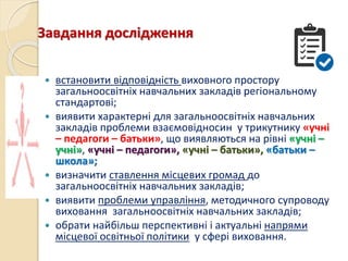 Завдання дослідження
 встановити відповідність виховного простору
загальноосвітніх навчальних закладів регіональному
стандартові;
 виявити характерні для загальноосвітніх навчальних
закладів проблеми взаємовідносин у трикутнику «учні
– педагоги – батьки», що виявляються на рівні «учні –
учні», «учні – педагоги», «учні – батьки», «батьки –
школа»;
 визначити ставлення місцевих громад до
загальноосвітніх навчальних закладів;
 виявити проблеми управління, методичного супроводу
виховання загальноосвітніх навчальних закладів;
 обрати найбільш перспективні і актуальні напрями
місцевої освітньої політики у сфері виховання.
 