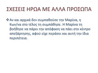 ΣΧΕΣΕΙΣ ΗΡΩΑ ΜΕ ΑΛΛΑ ΠΡΟΣΩΠΑ
Αν και αρχικά δεν συμπαθούσε την Μαρίνα, η
Κων/να στο τέλος τη συμπάθησε. Η Μαρίνα τη
βοήθησε να πάρει την απόφαση να πάει στο κέντρο
απεξάρτησης, αφού είχε περάσει και αυτή την ίδια
περιπέτεια.
 