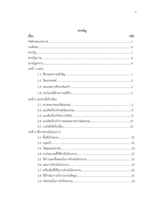 ง
สารบัญ
เรื่อง หน้า
กิตติกรรมประกาศ...........................................................................................................................ก
บทคัดย่อ..........................................................................................................................................ข
สารบัญ............................................................................................................................................ง
สารบัญภาพ.....................................................................................................................................ฉ
สารบัญตาราง..................................................................................................................................ช
บทที่ 1 บทนา
1.1. ที่มาและความสาคัญ..................................................................................................1
1.2. วัตถุประสงค์...............................................................................................................2
1.3. ขอบเขตการศึกษาค้นคว้า..........................................................................................2
1.4. ประโยชน์ที่คาดว่าจะได้รับ........................................................................................ 2
บทที่ 2 เอกสารที่เกี่ยวข้อง
2.1. ความหมายของวัฒนธรรม..........................................................................................3
2.2. แนวคิดเกี่ยวกับพหุวัฒนธรรม.....................................................................................8
2.3. แนวคิดเกี่ยวกับโลกาภิวัตน์.........................................................................................9
2.4. แนวคิดเกี่ยวกับการผสมผสานทางวัฒนธรรม...........................................................10
2.5. งานวิจัยที่เกี่ยวข้อง...................................................................................................12
บทที่ 3 วิธีการดาเนินโครงการ
3.1. พื้นที่เป้าหมาย...........................................................................................................18
3.2. กลุ่มเป้า......................................................................................................................18
3.3. วัสดุและอุปกรณ์.........................................................................................................18
3.4. งบประมาณที่ใช้ดาเนินโครงงาน.................................................................................19
3.5. วิธีการและขั้นตอนในการดาเนินโครงงาน..................................................................19
3.6. แผนการดาเนินโครงงาน.............................................................................................19
3.7. เครื่องมือที่ใช้ในการดาเนินโครงงาน.......................................................................... 20
3.8. วิธีดาเนินการเก็บรวบรวมข้อมูล.................................................................................21
3.9. จริยธรรมในการทาโครงงาน........................................................................................22
 