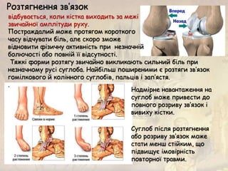 Постраждалий може протягом короткого
часу відчувати біль, але скоро зможе
відновити фізичну активність при незначній
болючості або повній її відсутності.
Тяжкі форми розтягу звичайно викликають сильний біль при
незначному русі суглоба. Найбільш поширеними є розтяги зв’язок
гомілкового й колінного суглобів, пальців і зап’ястя.
.
Розтягнення зв’язок
відбувається, коли кістка виходить за межі
звичайної амплітуди руху.
Надмірне навантаження на
суглоб може привести до
повного розриву зв’язок і
вивиху кістки.
Суглоб після розтягнення
або розриву зв’язок може
стати менш стійким, що
підвищує імовірність
повторної травми.
 