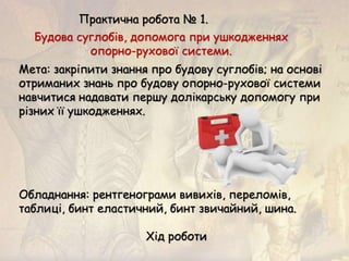 Мета: закріпити знання про будову суглобів; на основі
отриманих знань про будову опорно-рухової системи
навчитися надавати першу долікарську допомогу при
різних її ушкодженнях.
Обладнання: рентгенограми вивихів, переломів,
таблиці, бинт еластичний, бинт звичайний, шина.
Хід роботи
Практична робота № 1.
Будова суглобів, допомога при ушкодженнях
опорно-рухової системи.
 