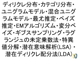 ディリクレ分布・カテゴリ分布・
ユニグラムモデル・混合ユニグ
ラムモデル・最尤推定・ベイズ
推定・EMアルゴリズム・変分ベ
イズ・ギブスサンプリング・ラグ
ランジュの未定乗数法・特異
値分解・潜在意味解析(LSA) ・
潜在ディリクレ配分法(LDA)
 