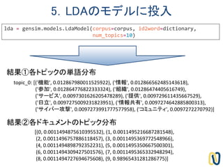 5．LDAのモデルに投入
lda = gensim.models.LdaModel(corpus=corpus, id2word=dictionary,
num_topics=10)
結果①各トピックの単語分布
結果②各ドキュメントのトピック分布
[(0, 0.0011494875610395532), (1, 0.0011495216687281548),
(2, 0.0011496757886118457), (3, 0.0011495369772548966),
(4, 0.0011494898792352231), (5, 0.0011495350667500301),
(6, 0.0011494309427501576), (7, 0.0011495365332948294),
(8, 0.0011494727694675608), (9, 0.98965431281286775)]
topic_0: [('機能', 0.012867980011525922), ('情報', 0.012866562485143618),
('参加', 0.012864776822333324), ('組織', 0.01286474405616749),
('サービス', 0.0097301626205478289), ('提供', 0.009729611435667529),
('日立', 0.0097275009231823951), ('情報共有', 0.0097274642885800313),
('サイバー攻撃', 0.0097273991777577958), ('コミュニティ', 0.0097272270792)]
 