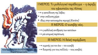 'AeneasCarrying His Father fromTheir Burning Home,' 1969
lithographby JacquesLipchitz.
I ΜΕΡΟΣ: Το μυθολογικό παράδειγμα – η έκρηξη
του ηφαιστείου της Αίτνας
II ΜΕΡΟΣ: Ο ευσεβής νέος.
III ΜΕΡΟΣ: Η θεϊκή παρέμβαση
→ η κατεύθυνση της λάβας:
• στην υπόλοιπη χώρα
• ιδίως στην κατοικημένη περιοχή (Κατάνη)
→ η καθολική αντίδραση των κατοίκων
→ μία ατομική περίπτωση
→ ευμενής για τον ένα – τον ευσεβή
→ δυσμενής για τους πολλούς – τους ασεβείς
 