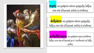 πυρός: να γράψετε πέντε ομόρριζες λέξεις
στα νέα ελληνικά, απλές ή σύνθετες
ἀνδράσιν: να γράψετε πέντε ομόρριζες
λέξεις στα νέα ελληνικά, απλές ή σύνθετες
μυθωδέστερον: να γράψετε τρεις σύνθετες
λέξεις στα νέα ελληνικά με α΄ συνθετικό τη λέξη
μύθος
 