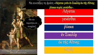 Να συντάξεις τη φράση «Λέγεται γοῦν ἐν Σικελίᾳἐκ τῆς Αἴτνης
ῥύακα πυρὸς γενέσθαι».
Θα τον
παρατήσω αν
συνεχίσει!
Charles Brocas, 1803, ο Αινείας εγκαταλείπειτην φλεγόμενη Τροία με τον
γιο του και τον πατέρα του Αγχίση.
 