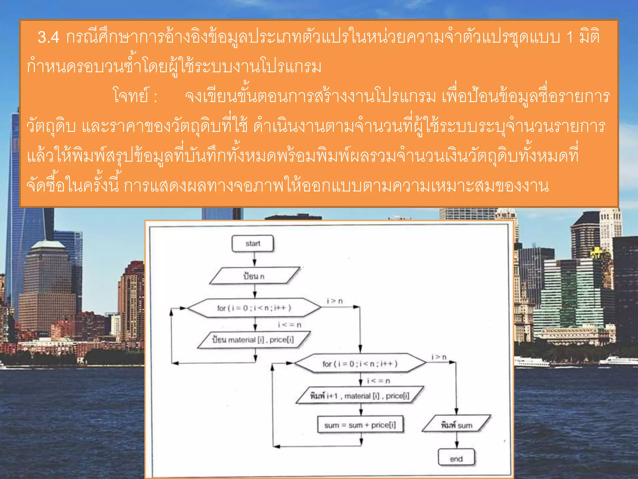 3.4 กรณีศึกษำกำรอ้ำงอิงข้อมูลประเภทตัวแปรในหน่วยควำมจำตัวแปรชุดแบบ 1 มิติ
กำหนดรอบวนซ้ำโดยผู้ใช้ระบบงำนโปรแกรม
โจทย์ : จงเขียนขั้นตอนกำรสร้ำงงำนโปรแกรม เพื่อป้อนข้อมูลชื่อรำยกำร
วัตถุดิบ และรำคำของวัตถุดิบที่ใช้ ดำเนินงำนตำมจำนวนที่ผู้ใช้ระบบระบุจำนวนรำยกำร
แล้วให้พิมพ์สรุปข้อมูลที่บันทึกทั้งหมดพร้อมพิมพ์ผลรวมจำนวนเงินวัตถุดิบทั้งหมดที่
จัดซื้อในครั้งนี้กำรแสดงผลทำงจอภำพให้ออกแบบตำมควำมเหมำะสมของงำน
 