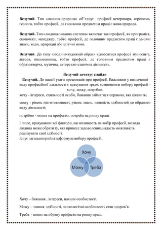 Ведучий. Тип «людина-природа» об’єднує професії ветеринара, агронома,
геолога, тобто професії, де головним предметом праці є жива природа.
Ведучий. Тип«людина-знакова система» включає такі професії, як програміст,
економіст, менеджер, тобто професії, де головним предметом праці є умовні
знаки, коди, природні або штучні мови.
Ведучий. До типу «людина-художній образ» відносяться професії музиканта,
актора, письменника, тобто професії, де головним предметом праці є
образотворча, музична, акторсько-сценічна діяльність.
Ведучий зачитує слайди
Ведучий. До вашої уваги презентація про професії. Важливим у визначенні
виду професійної діяльності є врахування трьох компонентів вибору професії -
хочу, можу, потрібно:
хочу - інтереси, схильності особи, бажання займатися справою, яка цікавить;
можу - рівень підготовленості, рівень знань, наявність здібностей до обраного
виду діяльності;
потрібно - попит на професію, потреба на ринку праці.
І лише, врахувавши всі фактори, що впливають на вибір професії, молода
людина може обратиту, яка принесе задоволення, надасть можливість
реалізувати свої здібності.
Існує загальноприйнятаформула виборупрофесії :
Хочу – бажання , інтереси, нахили особистості.
Можу – знання, здібності, психологічні особливості, стан здоров’я.
Треба - попит на обрану професію на ринку праці.
 