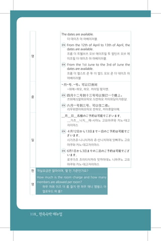 118_ 한옥숙박매뉴얼
영
The dates are available.
더 데이츠 아 어베이러블.
ex From the 12th of April to 13th of April, the
dates are available.
프롬 더 트웰브쓰 오브 에이프릴 투 썰틴쓰 오브 에
이프릴 더 데이츠 아 어베이러블.
ex From the 1st June to the 3rd of June the
dates are available.
프롬 더 펄스트 준 투 더 썰드 오브 준 더 데이츠 아
어베이러블
중
~月~号, ~号。可以订房间
~위에~하오, 하오. 커이띵 팡지엔.
ex 四月十二号到十三号可以预订一个晚上。
쓰위에싀알하오따오 싀싼하오 커이위딩이거완샹.
ex 六月一号到三号，可以住二夜。
리우위엔이하오따오 싼하오, 커이쮸알이예.
일
__月__日__名様のご予約は可能でございます。
__가츠__니치__메-사마노 고요야쿠와 카노-데고
자이마스
ex ４月12日から13日まで一泊のご予約は可能でご
ざいます。
시가츠쥬-니니치까라 쥬-산니치마데 잇빠쿠노 고요
야쿠와 카노-데고자이마스
ex 6月1日から3日までの二泊のご予約は可能でござ
います。
로쿠가츠 츠이타치까라 밋까마데노 니하쿠노 고요
야쿠와 카노-데고자이마스
한 객실요금은 얼마이며, 몇 인 기준인가요?
영
How much is the room charge and how many
members are allowed per room?
하우 머취 이즈 더 룸 찰지 앤 하우 매니 멤벌스 아
얼로우드 퍼 룸?
 