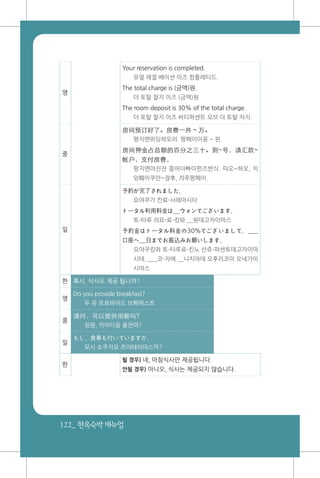 122_ 한옥숙박매뉴얼
영
Your reservation is completed.
유얼 레절 베이션 이즈 컴플레티드.
The total charge is (금액)원.
더 토탈 찰지 이즈 (금액)원
The room deposit is 30% of the total charge.
더 토탈 찰지 이즈 써티퍼센트 오브 더 토탈 차지.
중
房间预订好了。房费一共 ~ 万。
팡지엔위딩하오러. 팡페이이꽁 ~ 완.
房间押金占总额的百分之三十。到~号，请汇款~
帐户，支付房费，
팡지엔야진쟌 쫑어더빠이펀즈싼싀. 따오~하오, 치
잉훼이쿠안~쟝후, 즤푸팡페이.
일
予約が完了されました。
요야쿠가 칸료-사레마시타
トータル利用料金は__ウォンでございます。
토-타루 리요-료-킹와 __원데고자이마스
予約金はトータル料金の30％でございまして、___
口座へ__日までお振込みお願いします。
요야쿠킹와 토-타루료-킨노 산쥬-파센토데고자이마
시테, ___코-자에 __니치마데 오후리코미 오네가이
시마스
한 혹시, 식사도 제공 됩니까?
영
Do you provide breakfast?
두 유 프로바이드 브뤡퍼스트
중
请问，可以提供用餐吗?
칭원, 카이티꽁 용찬마?
일
もし、食事も付いていますか。
모시 쇼쿠지모 츠이테이마스까?
한
될 경우) 네, 아침식사만 제공됩니다.
안될 경우) 아니오, 식사는 제공되지 않습니다.
 