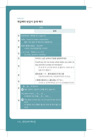 124_ 한옥숙박매뉴얼
전화응대②
객실예약 만실시 응대 예시
고객
응대
한 안녕하세요. 예약을 하고 싶습니다.
영
Hello. I want to make a reservation.
헬로. 아이 원트 투 메이크어 레절베이션
중
你好! 要预订房间，可以吗?
니하오! 야오위딩팡지엔, 커이마?
일
こんにちは。予約をしたいです。
곤니치와. 요야쿠오 시타이데스
한 숙박하고 싶은 날짜와 인원을 말씀해주세요.
영
Could you let me know what dates you plan to
stay and the number of members?
쿠 쥬 렛 미 노우 왓 데이츠 유 플랜 투 스테이 앤 더
넘벌 오브 멤벌스?
중
请告诉我一下，要住宿的日子和人数
치잉까오수워이시아, 야오쮸쑤더르쯔 허 런슈.
일
ご希望の宿泊日と人数を教えて下さい。
고키보-노 슈쿠하쿠비또 닌즈-오 오시에테구다사이
한
__월 __일 __박 입니다.
ex 6월 1일부터 3일까지 2박을 묵고 싶습니다.
영
The date is from __ to __ of __.
더 데이트 이즈 프롬 __ 투 __ 오브 __.
ex The date is from the 1st of June to the 3rd of
June.
더 데이트 이즈 프롬더 펄스트 오브 준 투더 썰드 오
브 준
 
