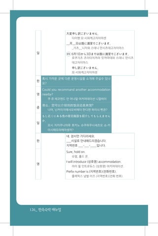 126_ 한옥숙박매뉴얼
일
大変申し訳ございません。
다이헨 모-시와케고자이마센
__月__日は既に満室でございます。
_가츠__니치와 스데니 만시츠데고자이마스
ex 6月1日から3日までは既に満室でございます。
로쿠가츠 츠이타치까라 밋까마데와 스데니 만시츠
데고자이마스
申し訳ございません。
모-시와케고자이마센
한
혹시 가까운 곳에 다른 운영시설을 소개해 주실수 있나
요?
영
Could you recommand another accommodation
nearby?
쿠 쥬 레코맨드 언 어나덜 어커머데이션 니얼바이
중
那么，您可以介绍别的饭店还是宾馆?
나머, 닌커이지예샤오비에더 판디엔 하이싀 삔관?
일
もし近くにある他の宿泊施設を紹介してもらえません
か。
모시 치카쿠니아루 호카노 슈쿠하쿠시세츠오 쇼-카
이시떼모라에마셍까?
한
네. 잠시만 기다리세요.
___시설로 안내해드리겠습니다.
지역번호 ___-___-____입니다.
영
Sure, hold on.
슈얼, 홀드 온.
I will introduce (상호명) accommodation.
아이 윌 인트로듀스 (상호명) 어커머데이션.
Prefix number is (지역번호)(전화번호).
플렉픽스 넘벌 이즈 (지역번호)(전화 번호).
 
