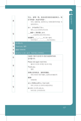 4장손님맞이하기
127
중
可以，请等一等。我告诉您别的住宿的地方。地
区号码是~, 电话号码是~.
커이, 칭떵이덩. 워까우수닌 비에더쮸쑤더띠팡. 띠
취하오마싀~,
일
はい、少々お待ち下さい。
하이, 쇼-쇼-오마치구다사이
___施設へご案内致します。
___시세츠에 고안나이타시마스
地域番号___-___-____でございます。
치이키반고 ___-___-____데고자이마스
한 감사합니다.
영 Thank you. 땡큐
중 谢谢! 씨에씨에!
일 ありがとうございます。아리가또 고자이마스
한
다음에 기회가 된다면 꼭 한번 방문해주세요.
감사합니다.
영
Please visit again next time.
플리즈 비지트 어게인 넥스트 타임.
Thank you.
쌩큐.
중
如果以后有机会，请再来惠顾。
루꿔 이허우 여우지훼이, 칭짜이라이훼이꾸.
谢谢!
씨에씨에!
일
またご利用をお待ちしております。
마타 고리요-오 오마치시테오리마스
ありがとうございました。
아리가또-고자이마시타
 