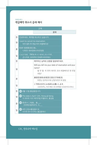 128_ 한옥숙박매뉴얼
전화응대③
객실예약 취소시 응대 예시
고객
응대
한 안녕하세요. 예약을 취소하고 싶습니다.
영
I want to cancel my reservation.
아이 원트 투 캔설 마이 레졀베이션
중
你好! 我想取消订房。
니하오! 워씨양취시아오띵팡.
일
こんにちは。予約をキャンセルしたいです。
곤니치와. 요야쿠오 캰세루시타이데스
한 예약하신 날짜와 성함을 말씀해주세요.
영
Will you tell me your date of reservation and your
name?
윌 유 텔 미 유어 데이트 오브 레졀베이션 앤 유얼
네임?
중
麻烦您请告诉我您订的日子和姓名
마판닌 칭까오수워 닌띵더르쯔 허 씽밍.
일
ご予約の日付とお名前をお願いします。
고요야쿠노 히즈케또 오나마에오 오네가이시마스
한 ex 4월 12일 홍길동입니다.
영
ex The date is April 12th, Hong gil dong.
더 데이트 이즈 에이프릴 트웰브쓰, 홍길동
중
ex 四月十二号的，是___.
쓰위에싀알하오더, 싀___
일
ex 4月12日の홍길동です。
시가츠 쥬-니니치노 홍길동데스
 
