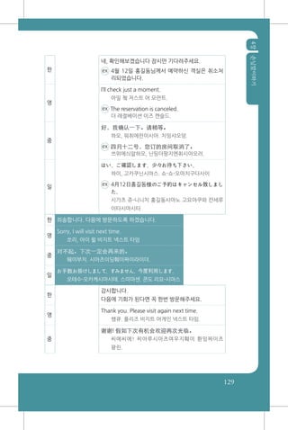 4장손님맞이하기
129
한
네, 확인해보겠습니다 잠시만 기다려주세요.
ex 4월 12일 홍길동님께서 예약하신 객실은 취소처
리되었습니다.
영
I’ll check just a moment.
아일 쳌 저스트 어 모먼트.
ex The reservation is canceled.
더 레절베이션 이즈 캔슬드.
중
好，我确认一下。请稍等。
하오, 워취에런이시아. 치잉샤오덩.
ex 四月十二号，您订的房间取消了。
쓰위에싀알하오, 닌띵더팡지엔취시아오러.
일
はい、ご確認します。少々お待ち下さい。
하이, 고카쿠닌시마스. 쇼-쇼-오마치구다사이
ex 4月12日홍길동様のご予約はキャンセル致しまし
た。
시가츠 쥬-니니치 홍길동사마노 고요야쿠와 캰세루
이타시마시타
한 죄송합니다. 다음에 방문하도록 하겠습니다.
영
Sorry, I will visit next time.
쏘리, 아이 윌 비지트 넥스트 타임
중
对不起。下次一定会再来的。
뛔이부치. 시아츠이딩훼이짜이라이더.
일
お手数お掛けしまして。すみません。今度利用します。
오테수-오카케시마시테. 스미마센. 콘도 리요-시마스
한
감사합니다.
다음에 기회가 된다면 꼭 한번 방문해주세요.
영
Thank you. Please visit again next time.
쌩큐. 플리즈 비지트 어게인 넥스트 타임.
중
谢谢! 假如下次有机会欢迎再次光临。
씨에씨에! 찌아루시아츠여우지훼이 환잉짜이츠
꽝린.
 