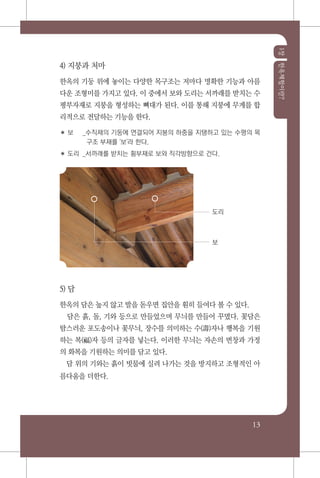 1장한옥체험이란?
13
4) 지붕과 처마
한옥의 기둥 위에 놓이는 다양한 목구조는 저마다 명확한 기능과 아름
다운 조형미를 가지고 있다. 이 중에서 보와 도리는 서까래를 받치는 수
평부자재로 지붕을 형성하는 뼈대가 된다. 이를 통해 지붕에 무게를 합
리적으로 전달하는 기능을 한다.
✽ 보		_수직재의 기둥에 연결되어 지붕의 하중을 지탱하고 있는 수평의 목
구조 부재를 '보'라 한다.
✽ 도리			_서까래를 받치는 횡부재로 보와 직각방향으로 건다.
5) 담
한옥의 담은 높지 않고 발을 돋우면 집안을 훤히 들여다 볼 수 있다.
담은 흙, 돌, 기와 등으로 만들었으며 무늬를 만들어 꾸몄다. 꽃담은
탐스러운 포도송이나 꽃무늬, 장수를 의미하는 수(壽)자나 행복을 기원
하는 복(福)자 등의 글자를 넣는다. 이러한 무늬는 자손의 번창과 가정
의 화복을 기원하는 의미를 담고 있다.
담 위의 기와는 흙이 빗물에 실려 나가는 것을 방지하고 조형적인 아
름다움을 더한다.
보
도리
 
