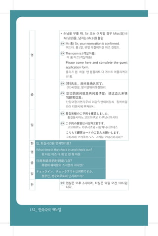 132_ 한옥숙박매뉴얼
영
* 손님을 부를 때, Sir 또는 여자일 경우 Miss(성)나
Mrs(성)을, 남자는 Mr.(성) 붙임
ex Mr.홍/ Sir, your reservation is confirmed.
미스터. 홍 /썰, 유얼 레절베이션 이즈 컨펌드.
ex The room is (객실이름).
더 룸 이즈(객실이름)
Please come here and complete the guest
application form.
플리즈 컴 히얼 앤 컴플리트 더 게스트 어플리케이
션 폼.
중
ex (李)先生，房间我确认完了。
(리)씨엔셩, 팡지엔워취에런완러.
ex 您订的房间就是两间爱情室。请这边儿来填
写顾客信息。
닌띵어팡지엔지우싀 리양지엔아이칭싀. 칭쪄비알
라이 티엔시에 꾸커씬시.
일
ex 홍길동様のご予約を確認しました。
홍길동사마노 고요야쿠오 카쿠닌시마시타
ex ご予約の客室は사랑채2室です。
고요야쿠노 캬쿠시츠와 사랑채니시츠데스
こちらで顧客カードのご記入お願いします。
고치라데 코캬쿠카-도노 고키뉴 오네가이시마스
한 입, 퇴실시간은 언제인가요?
영
What time is the check in and check out?
왓 타임 이즈 더 쳌 인 앤 쳌 아웃
중
住房和退房的时间是几点?
쮸팡허 퉤이팡더 스지엔싀 지디엔?
일
チェックイン、チェックアウトは何時ですか。
쳇쿠인, 쳇쿠아우토와 난지데스까?
한
ex 입실은 오후 2시이며, 퇴실은 익일 오전 10시입
니다.
 