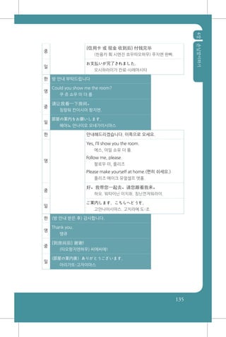 4장손님맞이하기
135
중
(信用卡 或 现金 收到后) 付钱完毕
(씬용카 훠 시엔진 쑈우따오허우) 푸치엔 완삐.
일
お支払いが完了されました。
오시하라이가 칸료-사레마시타
한 방 안내 부탁드립니다
영
Could you show me the room?
쿠 쥬 쇼우 미 더 룸
중
请让我看一下房间。
칭랑워 칸이시아 팡지엔.
일
部屋の案内をお願いします。
헤야노 안나이오 오네가이시마스
한 안내해드리겠습니다. 이쪽으로 오세요.
영
Yes, I’ll show you the room.
에스, 아일 쇼유 더 룸.
Follow me, please.
팔로우 미, 플리즈
Please make yourself at home.(편히 쉬세요.)
플리즈 메이크 유얼셀프 앳홈.
중
好。我带您一起去。请您跟着我来。
하오. 워따이닌 이치취. 칭닌껀져워라이.
일
ご案内します。こちらへどうぞ。
고안나이시마스. 고치라에 도-조
한 (방 안내 받은 후) 감사합니다.
영
Thank you.
땡큐
중
(到房间后) 谢谢!
(따오팡지엔허우) 씨에씨에!
일
(部屋の案内後）ありがとうございます。
아리가또-고자이마스
 