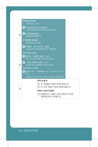 140_ 한옥숙박매뉴얼
중
可能预订的时候
커넝위딩더 스허우
ex 我希望前景比较好的房间。
ex)워씨왕치엔징 비지아오하오더팡지엔
ex 我希望最便宜的
워씨왕쬐이피엔이더
不可能预订的时候
뿌커넝위딩더스허우
ex 很遗憾，我下次再来。谢谢!
ex)헌이한, 워시아츠짜이라이. 씨에씨에!
일
予約が取れる場合、
ex 景色のいい部屋でお願いします。
케시키노 이이 헤야데 오네가이시마스
ex 一番安い部屋でお願いします。
이치방 야스이 헤야데 오네가이시마스
予約が取れない場合、
ex 残念ですが、今度利用します。ありがとうござい
ます。
잔넨데스가, 콘도 리요-시마스. 아리가또-고자이마스
한
예약가능할 때
ex 네. 전망좋은 객실로 예약되었습니다.
ex 네, 가장 저렴한 객실로 예약되었습니다.
예약이 가능하지 않을때
ex 죄송합니다. 다음에 기회가 된다면 꼭 한번
방문해주세요. 감사합니다.
 