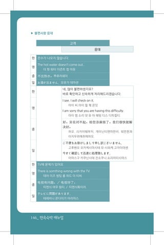 146_ 한옥숙박매뉴얼
▶ 불편사항 응대
고객
응대
한 온수가 나오지 않습니다.
영
The hot water doesn’t come out..
더 핫 워터 더즌트 컴 아웃
중 不出热水。뿌츄러쉐이
일 お湯が出ません。오유가 데마센
한
네, 많이 불편하셨지요?
바로 확인하고 신속하게 처리해드리겠습니다.
영
I see. I will check on it.
아이 씨.아이 윌 쳌 온잇
I am sorry that you are having this difficulty.
아이 엠 소리 댓 유 아 해빙 디스 디피컬티.
중
好。实在对不起。给您添麻烦了。我们很快就解
决好。
하오. 싀자이뛔부치. 게이닌티엔마판러. 워먼헌콰
이지우쥐예쥐에하오.
일
ご不便をお掛けしまして申し訳ございません。
고후벤오 오카케시마시테 모-시와케 고자이마센
今すぐ確認して迅速に処理致します。
이마스구 카쿠닌시테 진소쿠니 쇼리이타시마스
한 TV에 문제가 있어요
영
There is somthing wrong with the TV.
데어 이즈 썸팅 롱 위드 더 티븨
중
电视有问题。／ 电视坏了。
띠엔싀 여우 원티. / 띠엔싀화이러.
일
テレビに問題があります。
테레비니 몬다이가 아리마스
 